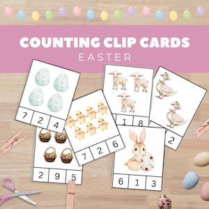 Op de afbeelding: Paas-thema telclipkaarten. De kaarten tonen illustraties van eieren, kuikens, lammeren, eenden, konijnen en manden. De tekst "COUNTING CLIP CARDS EASTER" staat bovenaan. Cijfers zijn inbegrepen voor het oefenen van tellen.