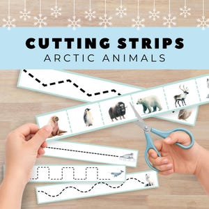 Op de afbeelding: Educatieve knipstroken met afbeeldingen van arctische dieren, waaronder een pinguïn en een ijsbeer. De stroken hebben stippellijnen om te oefenen met knippen. De tekst "CUTTING STRIPS ARCTIC ANIMALS" staat in vette zwarte letters op een lichtblauwe achtergrond.