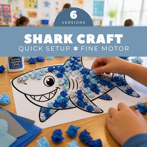 May include: A shark craft activity featuring a white paper sheet with a black outline of a shark. The shark is partially filled with small, crumpled pieces of blue and light blue tissue paper. A bottle of white school glue sits nearby.