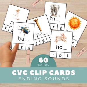May include: CVC clip cards for ending sounds. The cards feature watercolor illustrations of a bug, elephant, sun, rabbit, and other images. The set includes 60 cards and is designed for educational use.