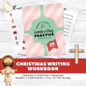 May include: A Christmas writing workbook with a pink and white striped cover, featuring the text "handwriting PRACTICE CHRISTMAS PACK" and "20 PAGES." The workbook includes tracing, writing, reading, and fill-in-the-blank activities.