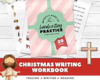Werkboek kersthandschriftoefening, religieuze vakantie-activiteiten, afdrukbaar schrijfblad, christelijk kopieerwerk voor kinderen