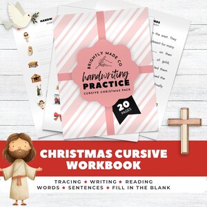 May include: A handwriting practice workbook with a pink and white striped cover, featuring the text "handwriting PRACTICE CURSIVE CHRISTMAS PACK". The workbook includes 20 pages and is designed for tracing, writing, reading, and filling in the blank. A Christmas-themed workbook.