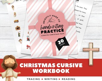 Werkboek kerstcursief handschrift, religieuze vakantie-activiteiten, afdrukbaar overtrekblad, christelijk kopieerwerk voor kinderen