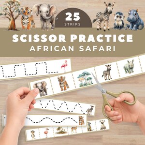 Może przedstawiać: Edukacyjne paski do ćwiczeń z nożyczkami o tematyce afrykańskiego safari. Paski zawierają ilustracje zwierząt takich jak słonie, zebry i tygrysy, wraz z liniami cięcia. Wyświetlany jest tekst "Scissor Practice African Safari".