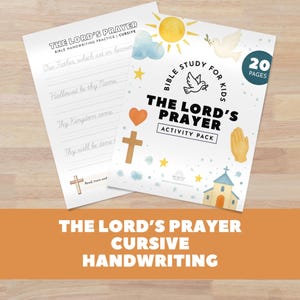 Puede incluir: Un paquete de actividades para niños con el texto "El Padrenuestro" y "Estudio bíblico para niños". La portada presenta ilustraciones de una paloma, un sol, una cruz, un corazón y una mano. También es visible una hoja de práctica de escritura cursiva.