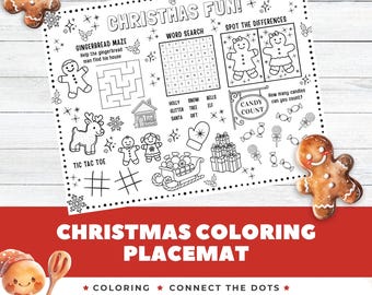 Christmas Fun Activity Placemat, Printable Children's Holiday Activities Page for Kids, Festive Winter Coloring, Counting, Maze, Word Search