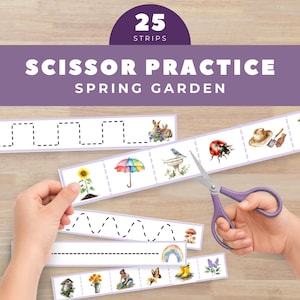 May include: Educational scissor practice strips with spring garden illustrations. The strips have dotted lines for cutting practice and feature images of a bunny, ladybug, umbrella, and more. The text on the image reads "Scissor Practice Spring Garden" and "25 Strips".