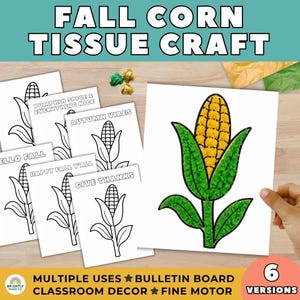 May include: A Fall Corn Tissue Craft kit featuring six printable sheets with corn illustrations and phrases like Pumpkin Spice & Everything Nice, Autumn Vibes, Hello Fall, Happy Fall Y'all, and Give Thanks. Includes yellow and green tissue paper.