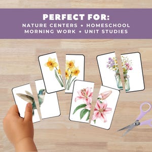 May include: A hand holding a set of puzzle cards with floral illustrations, including daffodils, lilies, and wildflowers. The cards are cut into pieces. Text at the top reads "PERFECT FOR: NATURE CENTERS * HOMESCHOOL MORNING WORK * UNIT STUDIES."