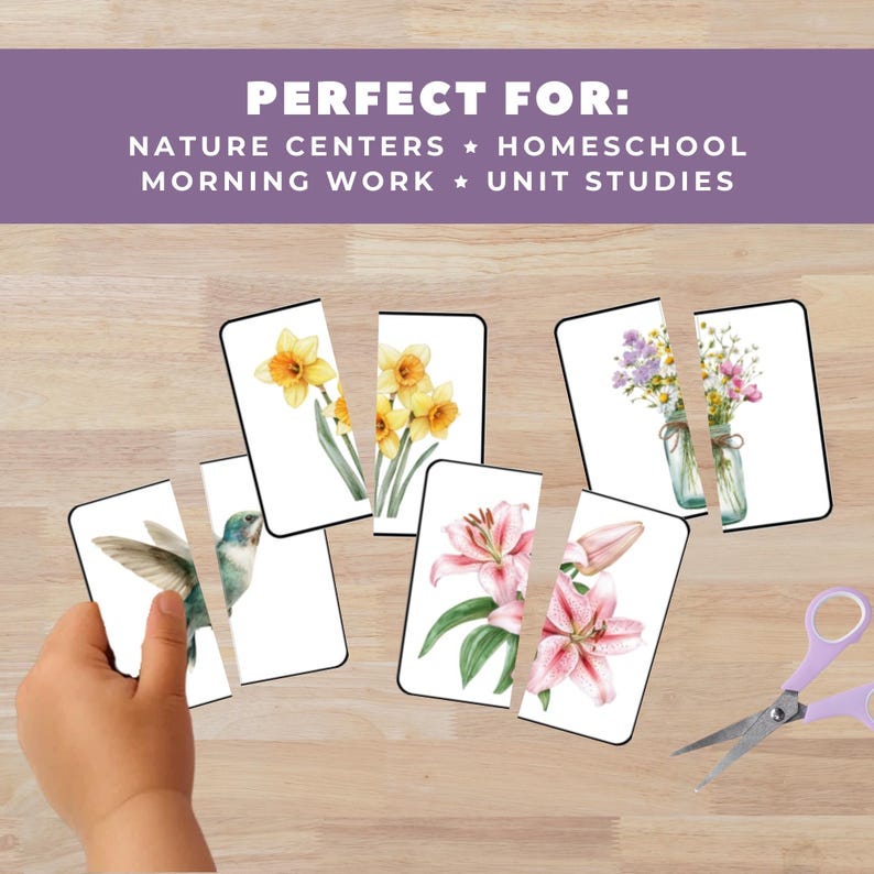 May include: A hand holding a set of puzzle cards with floral illustrations, including daffodils, lilies, and wildflowers. The cards are cut into pieces. Text at the top reads "PERFECT FOR: NATURE CENTERS * HOMESCHOOL MORNING WORK * UNIT STUDIES."
