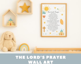 Poster Het Onze Vader voor kinderen, kinderkamerdecoratie geloof, zondagsschool bijbelvers poster, onze vader christelijke print