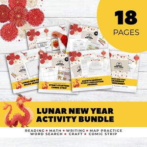 Lunar New Year Activity Pack, Lantern Craft, Storytelling, Reading, Word Search, Grammar, Math Worksheets, Map, Chinese Cultural Activities