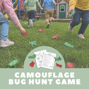 May include: Children playing a Camouflage Bug Hunt Game outdoors. The game includes printed instructions and colorful bug cutouts scattered on the grass. The text "CAMOUFLAGE BUG HUNT GAME" is displayed at the bottom of the image.