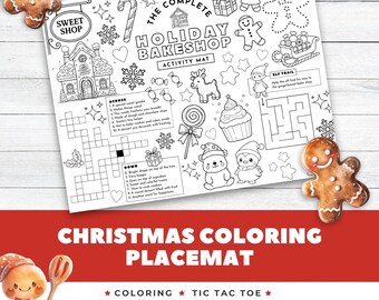 Mantel individual con actividades navideñas, actividades navideñas para niños, páginas de actividades imprimibles para niños, página para colorear de invierno festivo