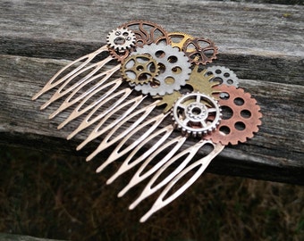 Steampunk Hair Comb, With Gears. Bridal, Bridesmaid Gift.  Shabby Chic Hair Piece. Flower Girl. Anniversary, Birthday.