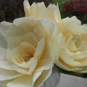 May include: Three cream-colored paper flowers with ruffled petals. The flowers are arranged in a vase.