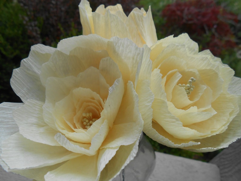 May include: Three cream-colored paper flowers with ruffled petals. The flowers are arranged in a vase.