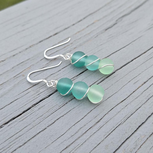 Sea Glass Earrings. Mint Ombre, Sterling Silver. Wired Earrings, Gifts For Her. Anniversary Gift, Birthday Gift, Sea Glass Bead
