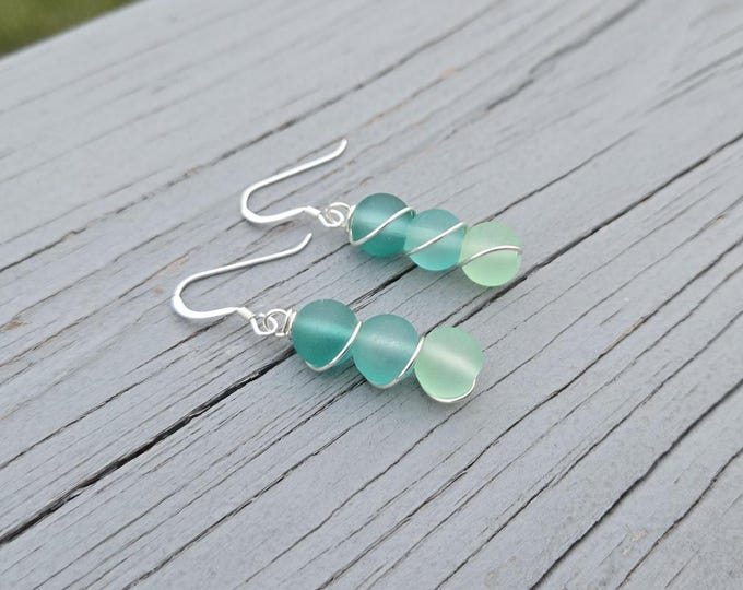 Sea Glass Earrings. Mint Ombre, Sterling Silver. Wired Earrings, Gifts For Her. Anniversary Gift, Birthday Gift, Sea Glass Bead