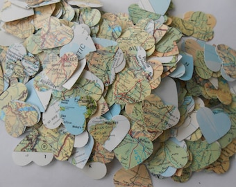 1000 Vintage Map Confetti. Green, Blue, Yellow, Orange. World Map. Or CHOOSE YOUR MAP. Heart Shaped. Custom Orders Welcome.