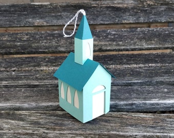 Church Paper Ornament. Holiday, Christmas Decoration.  Paper House Ornament