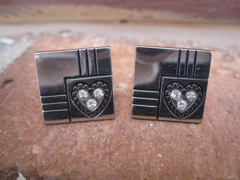 Vintage Heart & Rhinestone Cufflinks. Silver Tone.Wedding, Men's, Groomsmen Gift, Dad. CUSTOM ORDERS Welcome image 1