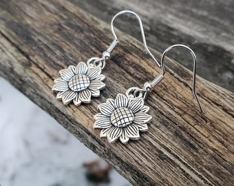 Silver Sunflower Heart Earrings For Women - Sterling Opal / Daisy