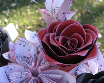Sheet Music Paper Flower Bouquet. Red, White, and Black. Valentine's, Anniversary, Wedding, Centerpiece, Bridal. CUSTOM ORDERS WELCOME.