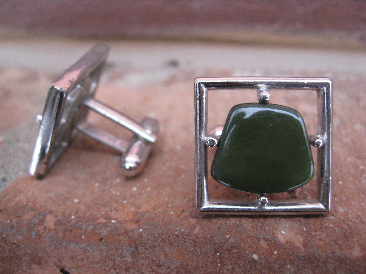 Boutons De Manchette Vintage Danté En Pierre Verte Argentée - Pour Homme - Style Rétro