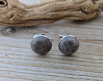 Petoskey Manschettenknöpfe. 16 mm, versteinerte Koralle. Hochzeit, Groomsmen Geschenk, Weihnachtsgeschenk, Geschenk für Papa. Missouri Geschenk