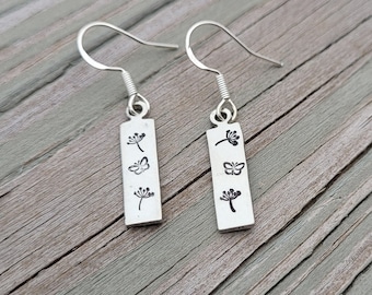 Dandelion & Butterfly Earrings. Silver. Gift For Mom, Anniversary Gift, Birthday, Christmas. Dangling Earrings, Dandelion Flower Earrings