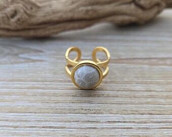 Petoskey Stone Ring. Gold Stainless Steel. 12mm, Fossilized Coral. Wedding, Christmas Gift, Anniversary Gift. Michigan Gift. Gift For Her