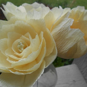 May include: Two large, cream-colored paper flowers with ruffled petals. The flowers are arranged in a vase and have a delicate, vintage aesthetic.