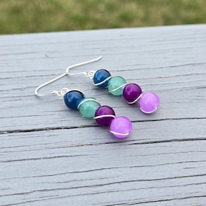 Purple & Teal Earrings. Wire Wrapped Earrings. Gifts For Women, Gifts For Her. Anniversary Gift, Birthday Gift, Beaded Earrings