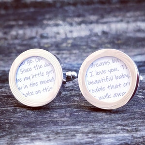 Personalized Cufflinks. Wedding, Groom Gift, Anniversary, Birthday, Groomsmen, Father's Day. Silver. Vow, Song, Lyrics