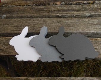 May include: Three paper rabbit cutouts in white, gray, and black. The rabbits are arranged in a row from left to right, with the white rabbit in the front.