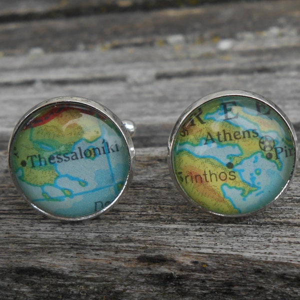 Vintage GREECE Cufflinks, Athens & Thessaloniki.  Wedding, Men's Christmas Gift, Dad. Custom Orders Welcome.