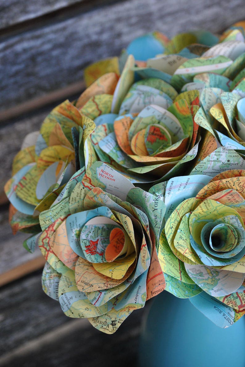 One Dozen Vintage MAP Paper Roses. Handmade Bouquet. Other Colors Available. CUSTOM ORDERS Welcome. image 4