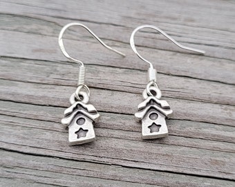 Tiny Birdhouse Earrings. Gift For Mom, Birthday Gift, Anniversary Gift. Dangling. Bird House Earrings