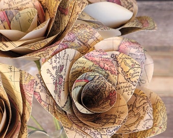 Six Antique Map Paper Roses. Handmade Bouquet. Anniversary, Birthday, Wedding, Home Decor. Half Dozen