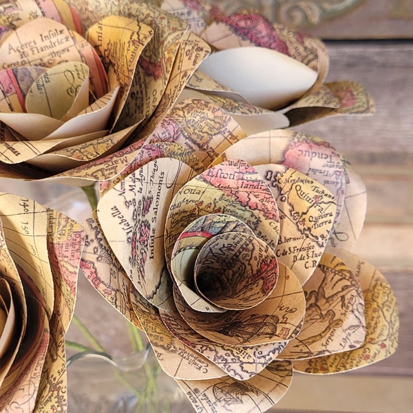 Six Antique Map Paper Roses. Handmade Bouquet. Anniversary, Birthday, Wedding, Home Decor. Half Dozen