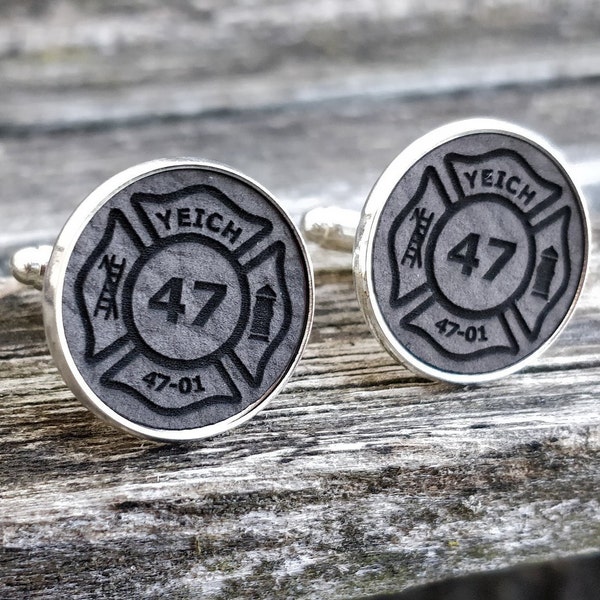 Firefighter Cufflink. Leather, Engraved. Wedding, Groom, Groomsmen Gift, Dad, Anniversary, Birthday, Christmas. Fire