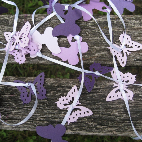 15 Foot Butterfly Garland In PURPLE, LAVENDER, IRIS, Etc. On White Ribbon. Wedding, Shower, Decoration. Custom Orders Welcome.