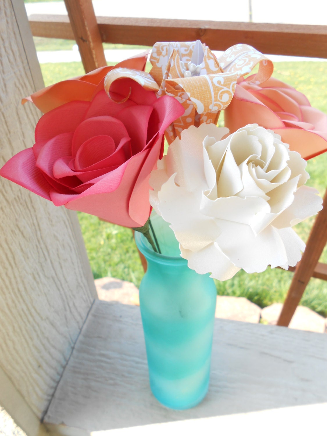 Peach & Pink Paper Flowers, Half Dozen. Other Colors