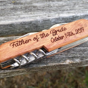 Father Of The Bride Pocket Knife, Laser Engraved Wood. Christmas Gift, Wedding, Father of the Groom, Dad, Anniversary. Father&#39;s Day
