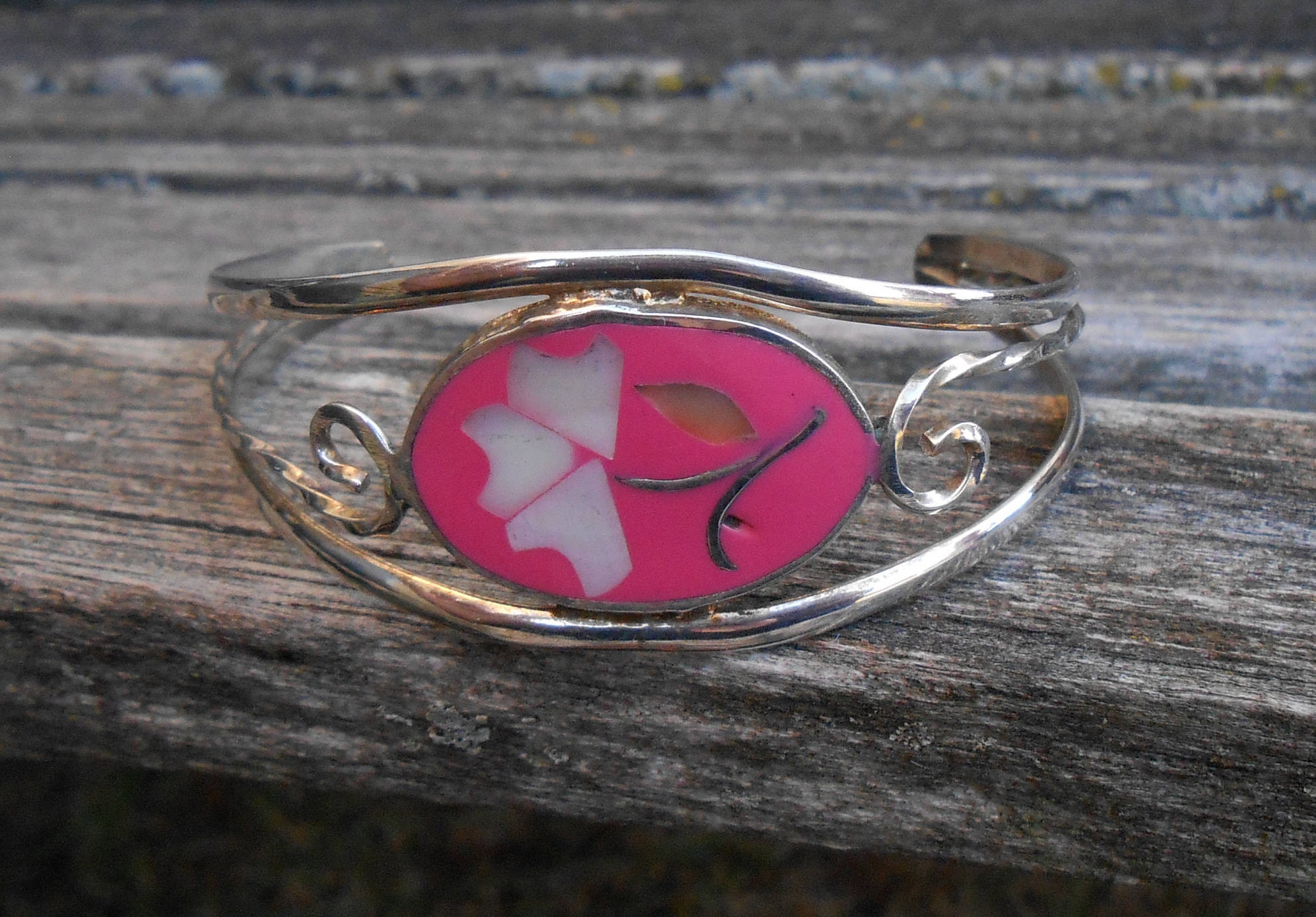 Vintage Flower Cuff Bracelet. Pink, Alpaca Silver. Gift For Mom, Bridesmaid, Bride, Christmas, Birthday Gift, Valentine, Anniversary
