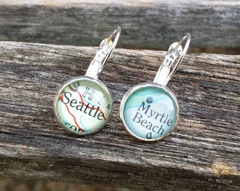 Custom Map Earrings.  CHOOSE YOUR PLACES.  Wedding,  Anniversary, Christmas Gift, Citizenship, Bridesmaid, Bridal.