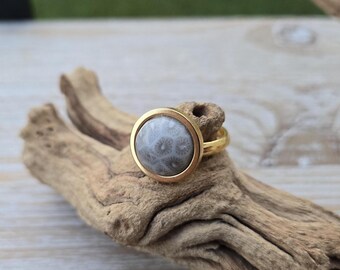 Petoskey Stone Ring. Gold Stainless Steel. 14mm, Fossilized Coral. Wedding, Christmas Gift, Anniversary Gift. Michigan Gift. Gift For Her