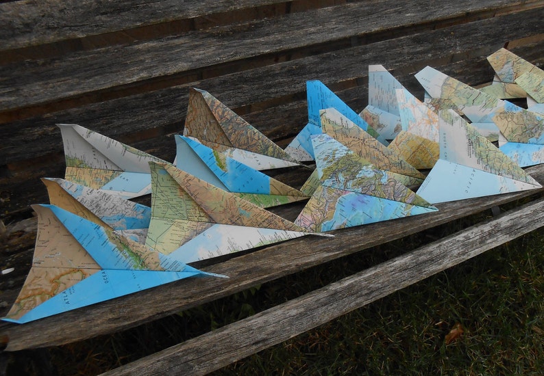 FLYING Map Paper Airplanes. Wedding Decoration, Party, Birthday, Travel Wedding, Escort Card, Kids, Children, Fun Favor, Unique Game image 1